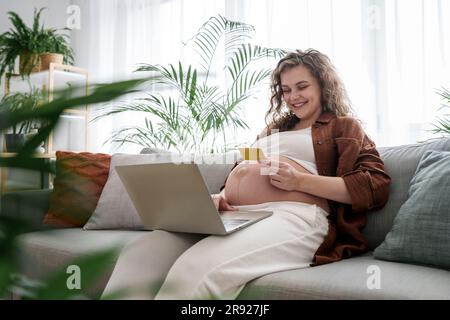 Lächelnde schwangere Frau, die zu Hause online mit Kreditkarte einkauft Stockfoto