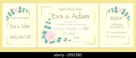 Vorlage für Hochzeitseinladungen Speichern Sie das Datum und die RSVP-Karten Aquarelle Vektordarstellung Rustikaler Stil isoliert auf goldenem Hintergrund Kopierbereich Stock Vektor