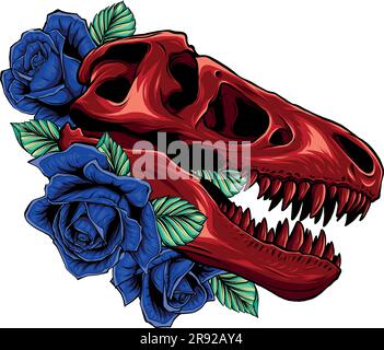 Tyrannosaurus Schädel mit Rosen Vektor-Illustration Design Tattoo Stock Vektor
