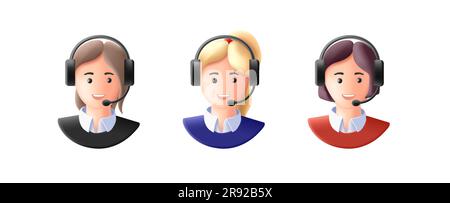 3D Symbole für den Callcenter-Support mit Headset, isolierte Gesichter, abgerundete weiche Formen Stock Vektor