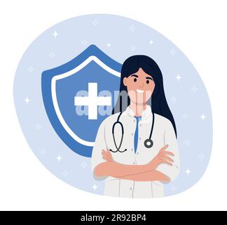 Avatar lächelnde Ärztin. Medizinische Beratung online .Shield, Gesundheitskonzept. Das Krankenversicherungskonzept. Immunabschirmung Stock Vektor