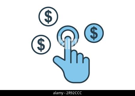 Symbol für Bezahlung pro Klick. Handberührung mit Dollar, klicken Sie auf Money seo. Flaches Design im Icon-Stil. Einfache Vektorkonstruktion editierbar Stock Vektor