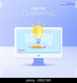 Symbole für E-Learning. Grafikdesign, kreativ, Geschichtenerzählen, Konzept für Online-Bildung zu Hause. 3D-Vektor isoliertes Illustrationsdesign Cartoon Past Stock Vektor