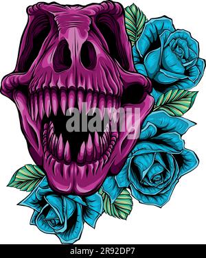 Tyrannosaurus Schädel mit Rosen Vektor-Illustrationsdesign Stock Vektor