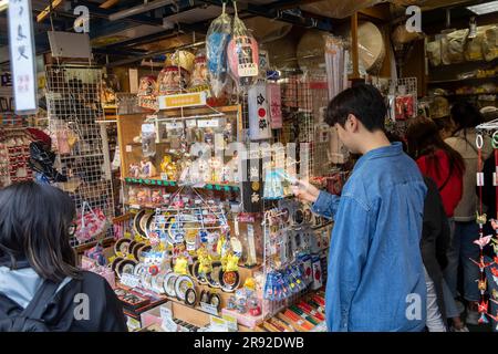 Asakusa-Viertel Tokio, Nakimese-Straßenläden und Menschen, die zum Sensoji-Tempel führen, dem ältesten Tempel in Tokio, Japan, Asien, 2023 Stockfoto