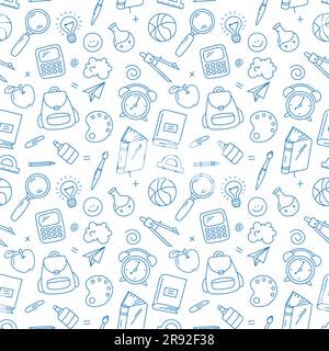 Back to School Nahtloses Muster, Hintergrund für Schulbedarf. Vektorgrafik in Doodle, einfacher Linienart Stock Vektor