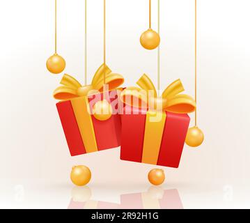 3D Vektorschachtel in realistischem Rot mit goldenen Kugelelementen, die an einem Seil hängen. Geschenkbox mit goldenem Ball und Schatten isoliert auf weißem Hintergrund. Passend Stock Vektor