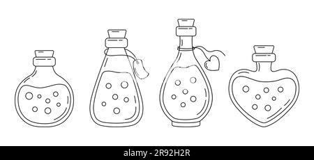 Ein Set handgezeichneter Zaubertränke in Linienform, isoliert auf weißem Hintergrund. Entwurf von Doodle-Elixiern für die Hexerei. Vektordarstellung Stock Vektor