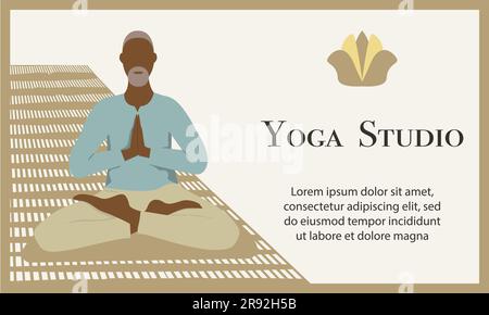 Ein älterer Mann, der Lotus-Asana praktiziert. Yoga-Studio-Banner. Abbildung des horizontalen Vektors des Bereichs kopieren Stock Vektor