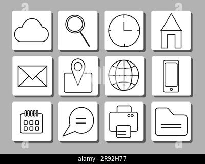 Kontakt Icons Informationstechnologie. Darstellung des Vektors „Websymbolset Kontur“. Isoliert Stock Vektor