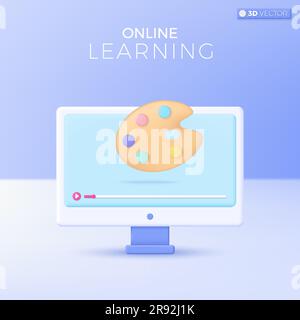 Symbole für E-Learning. Zeichnen, Malen, Kunst, Farbpalette, Online Education at Home Konzept. 3D-Vektor-isoliertes Illustrationsdesign Cartoon-Pastellfarben Stock Vektor