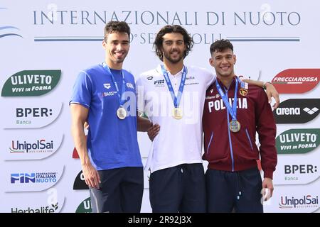 Rom, Italien. 23. Juni 2023. Apostolos Christou (GRE), Thomas Ceccon (ITA) und Simone Stefan' (ITA) während der Internationalen Schwimmmeisterschaft - 59. Settecolli Trophy im Schwimmstadion Foro Italico, 23. Juni 2023, Rom, Italien. Kredit: Live Media Publishing Group/Alamy Live News Stockfoto