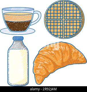 Frühstücksset mit Bleistift, Farbskizze, einfache Illustration Stock Vektor