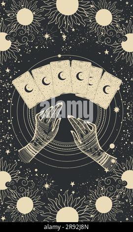 Hexen-Wahrsager-Hände legen mystische Tarotkarten aus, Enthüllungen, Wahrsager, Strichgrafien auf schwarzem magischen Sternenhintergrund. Vektor-Illustration Stock Vektor