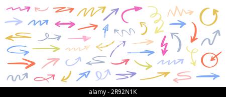Verschiedene von Hand gezeichnete Pfeile zum Kritzeln. Stock Vektor