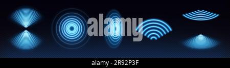 3D W Wifi Wave Lichteffekt. Abstraktes digitales Schild mit Schallsignaltechnologie des Radarsensors. Transparentes Neon-Kreissymbol für drahtlose Überwachung und Schutz. Blauer elektrischer Frequenzring leuchtet Stock Vektor