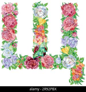 Aquarelle Blumen, isoliert handgezeichnet, Hochzeitsdesign, kyrillisches russisches Alphabet 27 Stock Vektor