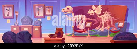 Fossil-Dinosaurier-Skelett in Geschichtsmuseum-Cartoon-Illustration. Jurassic-Dino-Knochen und rex-Fußabdruck werden auf dem Sockel in der Galerie mit Schild ausgestellt. Triceratops und Tyrannosaurus prähistorische Entdeckung Stock Vektor
