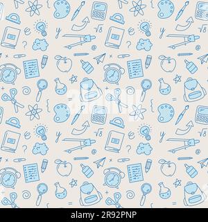 Back to School Nahtloses Muster, Hintergrund für Schulbedarf. Vektorgrafik in Doodle, einfacher Linienart Stock Vektor