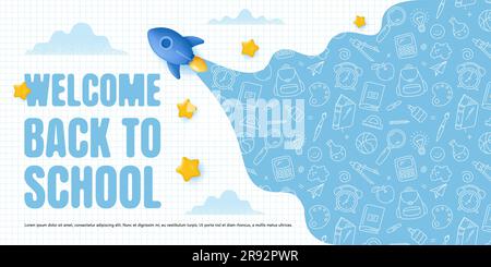 Horizontales Banner für das Back-to-School-Konzept mit Doodle-Hintergrund und 3D-Elementen in Cartoon. Vektordarstellung Stock Vektor