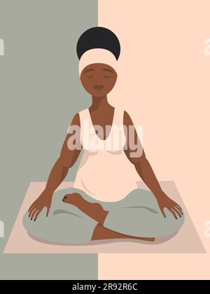 Afrikanische, wunderschöne schwangere Frau, die Lotus-Asana praktiziert. Yoga-Studio-Poster. Vertikale Vektordarstellung Stock Vektor