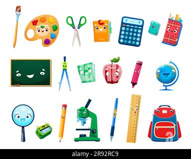 Zeichentrickfiguren, Bücher und Schreibwaren mit lustigem Gesicht und Vektorgegenständen. Zeichentrickstift, Stift und Lineal mit Notizbuch und Radierer, Kreidetafel und Schultasche für die Schulausbildung Stock Vektor