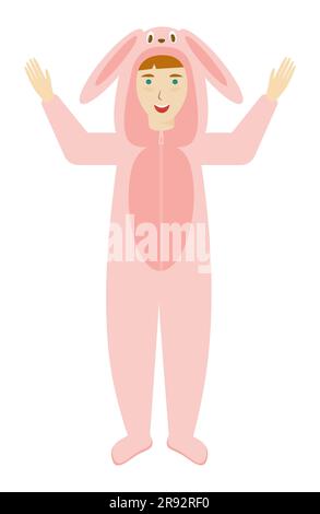 Kaninchenkind in Tierpyjama. Kinderbekleidung für Pyjamas, lustige Pyjamas oder Tierkostüme. Halloween, Pyjama oder Geburtstagskleid. Isoliertes vecto Stock Vektor