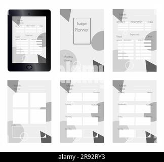 Schwarzweiß-Budgetplaner-Vorlage für App oder Druck auf Papierformat A4. Abstrakter farbloser geometrischer Hintergrund. Ausdruckbare vertikale Notizbuchseite. Woche Stock Vektor