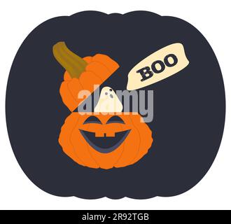 Der Geist fliegt aus dem Kürbis Halloween-Sticker lustiger Kürbis für das Halloween-Design Vektorbild isoliert auf weißem Hintergrund Stock Vektor