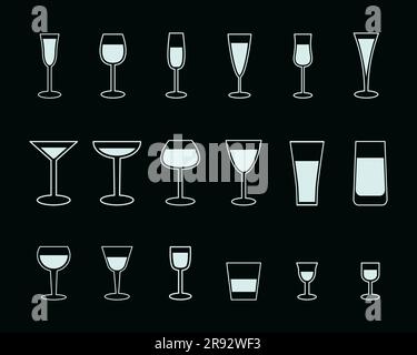 Gläser Cocktails, alkoholische Getränke, Champagner Line Icon Set Vector Illustration isoliert Stock Vektor