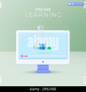 Symbole für E-Learning. Bioreaktor, Chemikalien, Chemie, Forschung, Online-Bildung zu Hause Konzept. Cartoon mit isoliertem 3D-Vektor-Design Stock Vektor