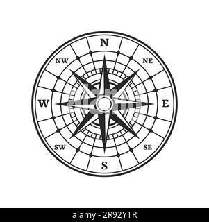 Kompass, alter Windrosenstern oder Vektorsymbol mit nordwestlicher und östlicher südlicher Richtung. Kompasssymbol im Retro-Stil mit Windrose aus alter Kartografie und Navigationspfeilen für die Marine Stock Vektor