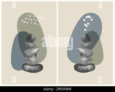 Set Stones Aquarell Monochrom handgezeichnete Poster minimalistische Designelemente im Boho-Stil . Wandschmuck, Innendekoration rund. Vektordarstellung Stock Vektor