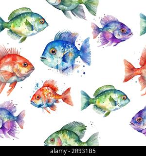 Süßer Fisch. Farbiges Aquarell für ein nahtloses Fischmuster. Vektordarstellung Stock Vektor