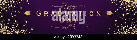 Happy Graduation Day 2023 – horizontales Banner. Weihnachtsdekoration mit glitzernden goldenen Elementen. Das Ballband-Konzept. Kreative, moderne Grafik Stock Vektor