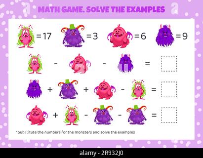 Mathe-Spiel für Kinder. Addition und Subtraktion. Stock Vektor