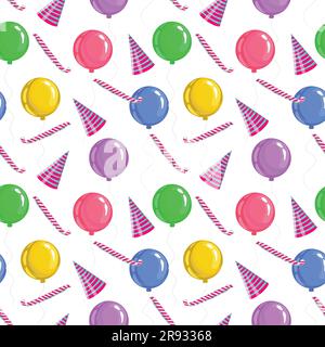 Bunte Ballons, Geburtstagspfeifen, Weihnachtsmützen. Nahtloses Vektormuster für Glückwunsch. Alles gute zum Geburtstag. Designelement für Begrüßung c Stock Vektor