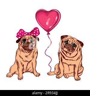 Zwei lustige Pugs und ein herzförmiger Ballon. Vektordarstellung zum Thema „Herzlichen Glückwunsch zum Geburtstag und Valentinstag“. Designelement für Grußkarten, Stock Vektor
