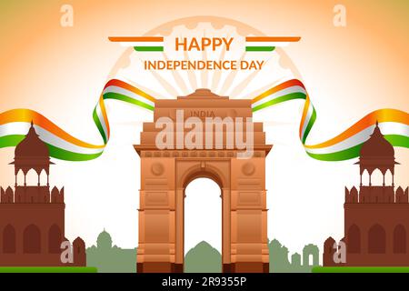 Independence Day of India Begrüßung mit India Gate und dreifarbigem Hintergrund. Vorlage für den 15. August für Website und soziale Medien. Stock Vektor