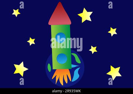 Rakete fliegt zu den Sternen, Kinderzeichnung. Stock Vektor