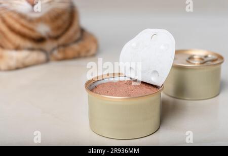 Mehrere Dosen von nassem Katzenfutter, von denen eine offen ist und Pastete enthält. Selektiver Fokus. Stockfoto