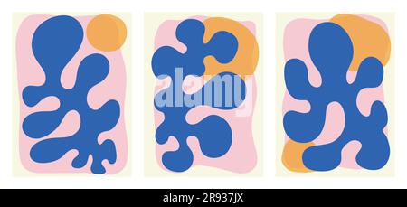 Naives Organic Blue Poster-Set. Matisse-Kurven-Ästhetik. Abstrakte Groovy-Formen im Hippie-1970-Stil. Darstellung des Blumenvektors in Blau, Orange und Pink. Hintergrund für T-Shirts, Hintergrundbilder. Stock Vektor
