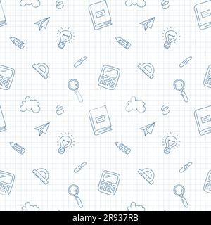 Back to School Nahtloses Muster, Hintergrund für Schulbedarf. Vektorgrafik in Doodle, einfacher Linienart Stock Vektor