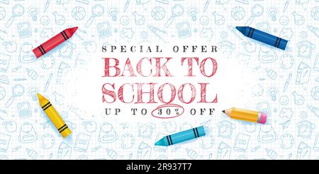 Banner für das Back-to-School-Konzept mit Kritzelhintergrund und Zeichenstift 3D. Vektordarstellung Stock Vektor