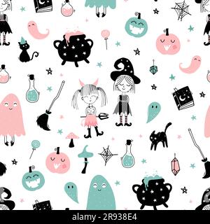 Handgezeichnetes nahtloses Halloween-Muster mit Katzen, Mützen, Fledermäusen und Dekorationen – ideal für Textilien, Banner, Tapeten, Umschläge – Vektordesign Stock Vektor