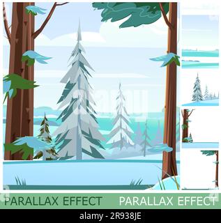 Winterlandschaft im Pinienwald. Blick auf verschneite Felder. Foliensatz erzeugt eine parallaxe Bildebene. Cartoon-Style. Isoliert auf weißem Hintergrund. Vektor. Stock Vektor