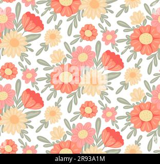 Zartes Vektormuster mit Blumenstrauß in Pastellfarben auf weißem Hintergrund. Struktur mit zarten Blumen für Stoffe und Tapeten. Stock Vektor