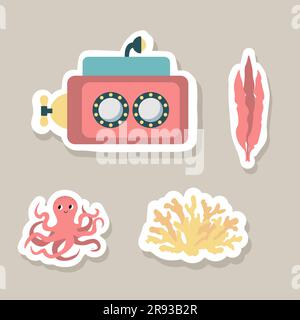 Niedliche Vektoraufkleber mit U-Boot, Tintenfisch, Seetang. Unterwasser-Cartoon-Kreaturen. Meerestiere. Süßes Ozeanbild für Stoff, Kinder Stock Vektor
