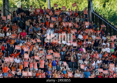 Amstelveen, Niederlande. 23. Juni 2023. AMSTELVEEN, NIEDERLANDE - JUNI 23: Fans der Niederlande feiern ein Tor beim FIH Hockey Pro League Frauenspiel zwischen den Niederlanden und Deutschland im Wagener Stadion am 23. Juni 2023 in Amstelveen, Niederlande (Foto von Rene Nijhuis/BSR-Agentur). Kredit: BSR-Agentur/Alamy Live News Stockfoto