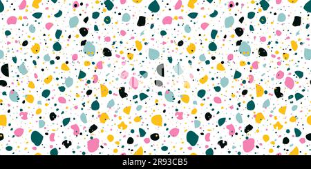 Abstrakter horizontaler Hintergrund mit nahtlosem Terrazzo-Muster. Zufällige farbige kleine Stücke auf weißem Hintergrund. Handgezeichnete, trendige Vektorabbildungen Stock Vektor